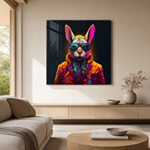 Renkli Tavşan Portresi Cam Cam Tablo | Hayvan Temalı Modern Duvar Sanatı, Uv Baskı 40x40 cm