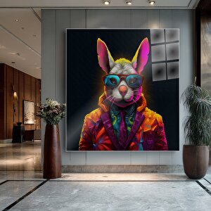 Renkli Tavşan Portresi Cam Cam Tablo | Hayvan Temalı Modern Duvar Sanatı, Uv Baskı 40x40 cm