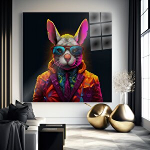 Renkli Tavşan Portresi Cam Cam Tablo | Hayvan Temalı Modern Duvar Sanatı, Uv Baskı 40x40 cm