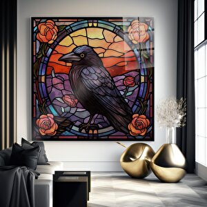Karga Ve Güller Vitray Cam Tablo | Hayvan Temalı Modern Duvar Sanatı, Uv Baskı, Salon Ve Ofis Dekoru 50x50 cm