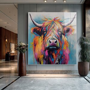 Renkli İnek Sanatı Cam Tablo | Hayvan Temalı Modern Duvar Sanatı, Uv Baskı, Salon Ve Ofis Dekoru 60x60 cm