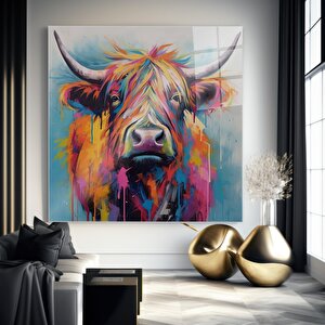 Renkli İnek Sanatı Cam Tablo | Hayvan Temalı Modern Duvar Sanatı, Uv Baskı, Salon Ve Ofis Dekoru 60x60 cm