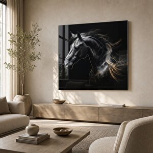 Görkemli Siyah At Cam Tablo | Hayvan Temalı Modern Duvar Sanatı, Uv Baskı, Salon Ve Ofis Dekoru 80x80 cm