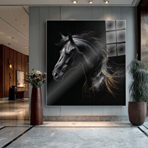 Görkemli Siyah At Cam Tablo | Hayvan Temalı Modern Duvar Sanatı, Uv Baskı, Salon Ve Ofis Dekoru 80x80 cm