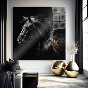 Görkemli Siyah At Cam Tablo | Hayvan Temalı Modern Duvar Sanatı, Uv Baskı, Salon Ve Ofis Dekoru 80x80 cm