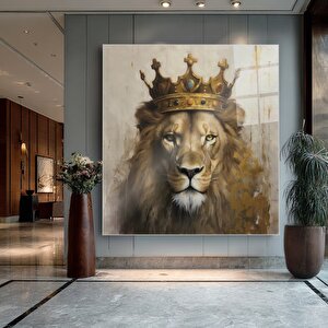 Kral Aslan Cam Tablo | Hayvan Temalı Modern Duvar Sanatı, Uv Baskı, Salon Ve Ofis Dekoru 100x100 cm