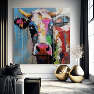 Renkli İnek Cam Tablo | Hayvan Temalı Modern Duvar Sanatı, Uv Baskı, Salon Ve Ofis Dekoru 50x50 cm
