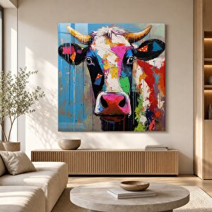 Renkli İnek Cam Tablo | Hayvan Temalı Modern Duvar Sanatı, Uv Baskı, Salon Ve Ofis Dekoru 90x90 cm