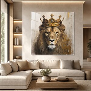 Kral Aslan Cam Tablo | Hayvan Temalı Modern Duvar Sanatı, Uv Baskı, Salon Ve Ofis Dekoru 90x90 cm