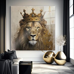 Kral Aslan Cam Tablo | Hayvan Temalı Modern Duvar Sanatı, Uv Baskı, Salon Ve Ofis Dekoru 90x90 cm