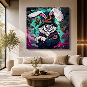 Eğlenceli Çizgi Film Tavşanı Cam Tablo | Modern Duvar Sanatı, Uv Baskı, Salon Ve Ofis Dekoru 70x70 cm