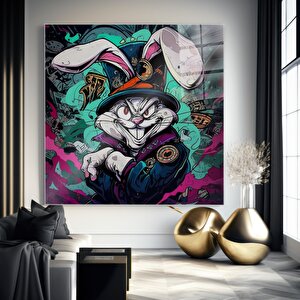 Eğlenceli Çizgi Film Tavşanı Cam Tablo | Modern Duvar Sanatı, Uv Baskı, Salon Ve Ofis Dekoru 70x70 cm