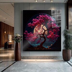 Aşkın Güzelliği Kiraz Çiçeği Ve Dolunay Cam Tablo | Doğa Temalı Modern Duvar Sanatı, Uv Baskı 60x60 cm