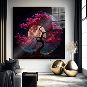 Aşkın Güzelliği Kiraz Çiçeği Ve Dolunay Cam Tablo | Doğa Temalı Modern Duvar Sanatı, Uv Baskı 60x60 cm