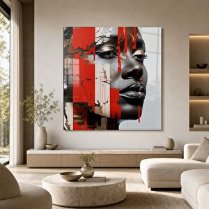 Soyut Portre Cam Tablo | Soyut Modern Duvar Sanatı, Uv Baskı, Salon Ve Ofis Dekoru 70x70 cm