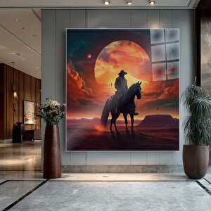 Kovboy Ve At Manzara Cam Tablo | Doğa Temalı Modern Duvar Sanatı, Uv Baskı, Salon Ve Ofis Dekoru 100x100 cm