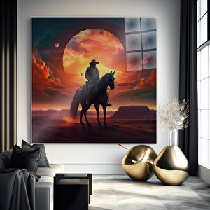 Kovboy Ve At Manzara Cam Tablo | Doğa Temalı Modern Duvar Sanatı, Uv Baskı, Salon Ve Ofis Dekoru 100x100 cm