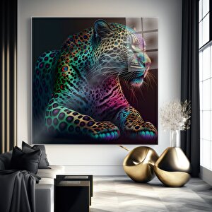 Renkli Leopar Cam Tablo | Hayvan Temalı Modern Duvar Sanatı, Uv Baskı, Salon Ve Ofis Dekoru 50x50 cm