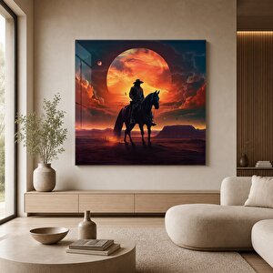 Kovboy Ve At Manzara Cam Tablo | Doğa Temalı Modern Duvar Sanatı, Uv Baskı, Salon Ve Ofis Dekoru 60x60 cm