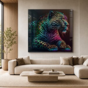 Renkli Leopar Cam Tablo | Hayvan Temalı Modern Duvar Sanatı, Uv Baskı, Salon Ve Ofis Dekoru 70x70 cm