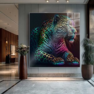 Renkli Leopar Cam Tablo | Hayvan Temalı Modern Duvar Sanatı, Uv Baskı, Salon Ve Ofis Dekoru 70x70 cm