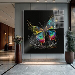 Canlı Renkli Kelebek Cam Tablo | Soyut Modern Duvar Sanatı, Uv Baskı, Salon Ve Ofis Dekoru 70x70 cm