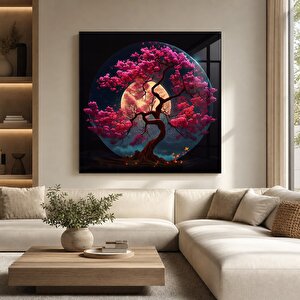 Aşkın Güzelliği Kiraz Çiçeği Ve Dolunay Cam Tablo | Doğa Temalı Modern Duvar Sanatı, Uv Baskı 90x90 cm