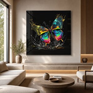 Canlı Renkli Kelebek Cam Tablo | Soyut Modern Duvar Sanatı, Uv Baskı, Salon Ve Ofis Dekoru 40x40 cm