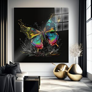 Canlı Renkli Kelebek Cam Tablo | Soyut Modern Duvar Sanatı, Uv Baskı, Salon Ve Ofis Dekoru 40x40 cm