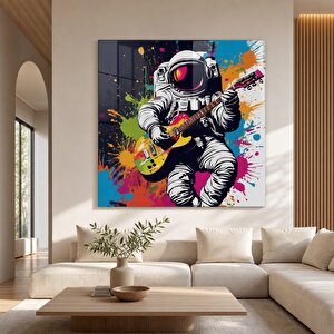 Astronot Gitar Çalan Soyut Cam Tablo | Modern Duvar Sanatı, Uv Baskı, Salon Ve Ofis Dekoru 90x90 cm