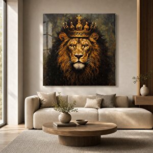 Taçlı Aslan Cam Tablo | Hayvan Temalı Modern Duvar Sanatı, Uv Baskı, Salon Ve Ofis Dekoru 80x80 cm