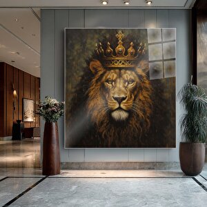 Taçlı Aslan Cam Tablo | Hayvan Temalı Modern Duvar Sanatı, Uv Baskı, Salon Ve Ofis Dekoru 80x80 cm