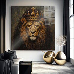 Taçlı Aslan Cam Tablo | Hayvan Temalı Modern Duvar Sanatı, Uv Baskı, Salon Ve Ofis Dekoru 80x80 cm
