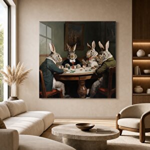 Poker Oynayan Tavşanlar Cam Tablo | Hayvan Temalı Modern Duvar Sanatı, Uv Baskı 40x40 cm