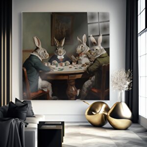 Poker Oynayan Tavşanlar Cam Tablo | Hayvan Temalı Modern Duvar Sanatı, Uv Baskı 40x40 cm