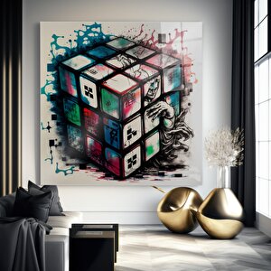 Soyut Graffiti Küp Cam Tablo | Soyut Modern Duvar Sanatı, Uv Baskı, Salon Ve Ofis Dekoru 50x50 cm