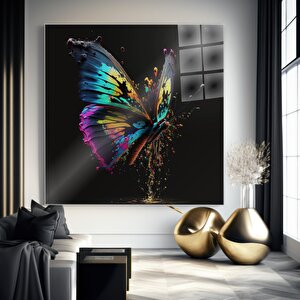 Renkli Soyut Kelebek Cam Tablo | Soyut Modern Duvar Sanatı, Uv Baskı, Salon Ve Ofis Dekoru 80x80 cm