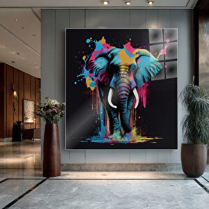 Renkli Fil Cam Tablo | Hayvan Temalı Modern Duvar Sanatı, Uv Baskı, Salon Ve Ofis Dekoru 70x70 cm