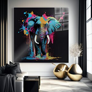 Renkli Fil Cam Tablo | Hayvan Temalı Modern Duvar Sanatı, Uv Baskı, Salon Ve Ofis Dekoru 60x60 cm