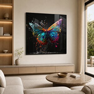 Canlı Renklerle Grafik Kelebek Cam Tablo | Soyut Modern Duvar Sanatı, Uv Baskı, Salon Ve Ofis Dekoru 70x70 cm