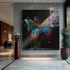 Canlı Renklerle Grafik Kelebek Cam Tablo | Soyut Modern Duvar Sanatı, Uv Baskı, Salon Ve Ofis Dekoru 70x70 cm