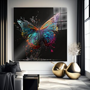 Canlı Renklerle Grafik Kelebek Cam Tablo | Soyut Modern Duvar Sanatı, Uv Baskı, Salon Ve Ofis Dekoru 70x70 cm