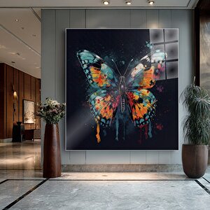 Renkli Kelebek Cam Tablo | Hayvan Temalı Modern Duvar Sanatı, Uv Baskı, Salon Ve Ofis Dekoru 40x40 cm