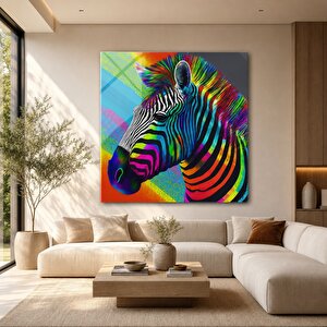 Renkli Soyut Zebra Cam Tablo | Hayvan Temalı Modern Duvar Sanatı, Uv Baskı, Salon Ve Ofis Dekoru 50x50 cm