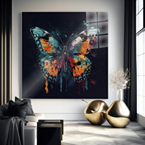 Renkli Kelebek Cam Tablo | Hayvan Temalı Modern Duvar Sanatı, Uv Baskı, Salon Ve Ofis Dekoru 60x60 cm