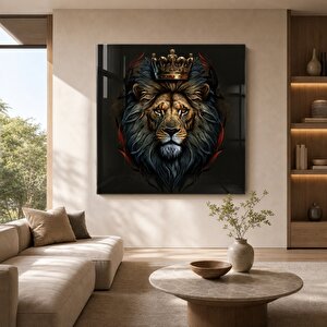 Taçlı Aslan İllüstrasyonu Cam Tablo | Hayvan Temalı Modern Duvar Sanatı, Uv Baskı 60x60 cm