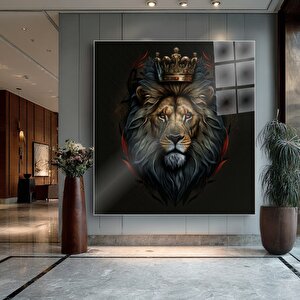 Taçlı Aslan İllüstrasyonu Cam Tablo | Hayvan Temalı Modern Duvar Sanatı, Uv Baskı 60x60 cm