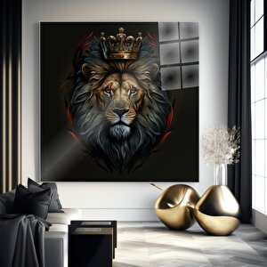 Taçlı Aslan İllüstrasyonu Cam Tablo | Hayvan Temalı Modern Duvar Sanatı, Uv Baskı 60x60 cm