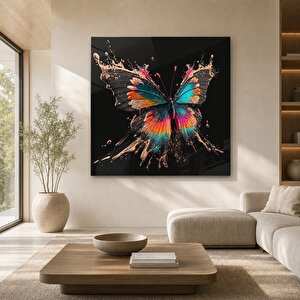 Renkli Kelebek Cam Tablo | Modern Duvar Sanatı, Uv Baskı, Salon Ve Ofis Dekoru 90x90 cm