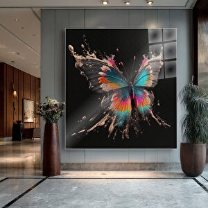 Renkli Kelebek Cam Tablo | Modern Duvar Sanatı, Uv Baskı, Salon Ve Ofis Dekoru 90x90 cm